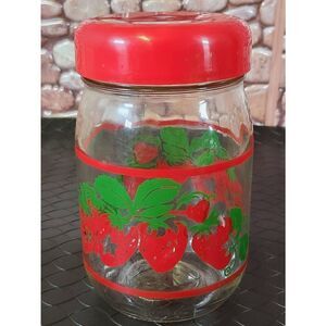 Vintage Strawberry Clear Glass Jar Canister With Red Lid